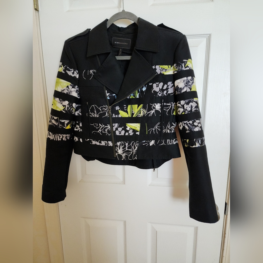 BCBGMAXAZRIA Tess Striped Floral Moto Jacket